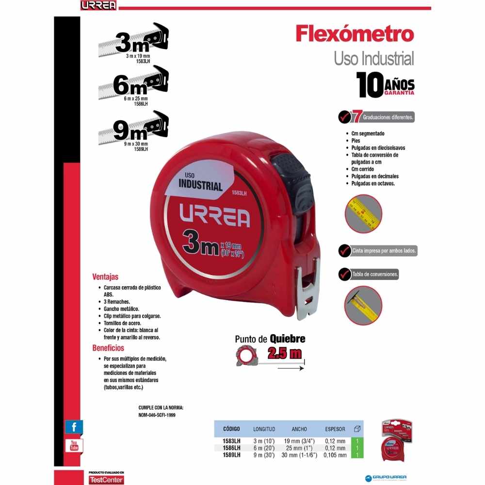 Flexómetro con carcasa de plástico 3 m x 19 mm en blíster Urrea - Imagen 2