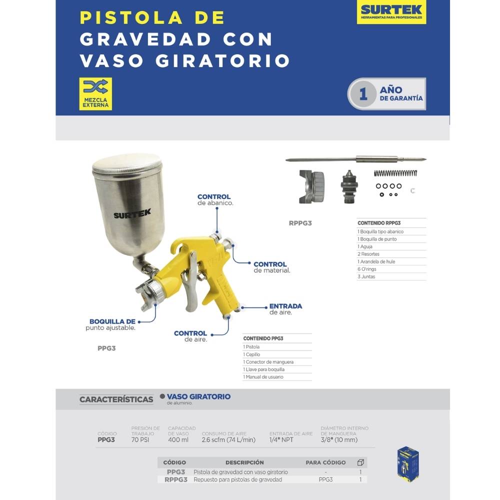 Pistola para pintar terminados baja presion, capacidad 400 ml, 72 PSI Surtek - Imagen 2