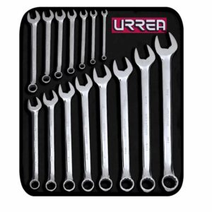 Juego de llaves combinadas pulido espejo en pulgadas, 12 puntas, 15 pz en estuche Urrea