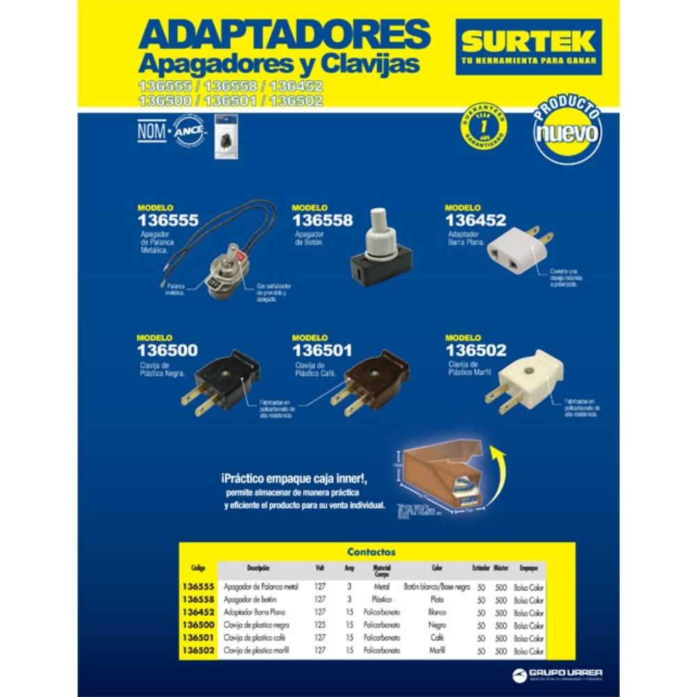 Apagador de palanca metal con cable de 14 cm 6 A, color blanco Surtek - Imagen 2