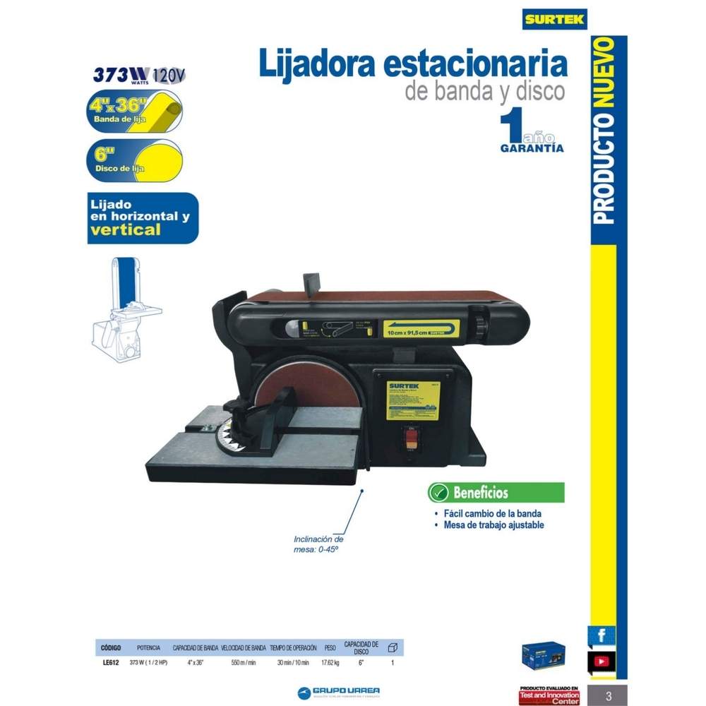 Lijadora de banda 4" x 36" y disco estacionaria 6" 1/2 HP 120 V Surtek - Imagen 2