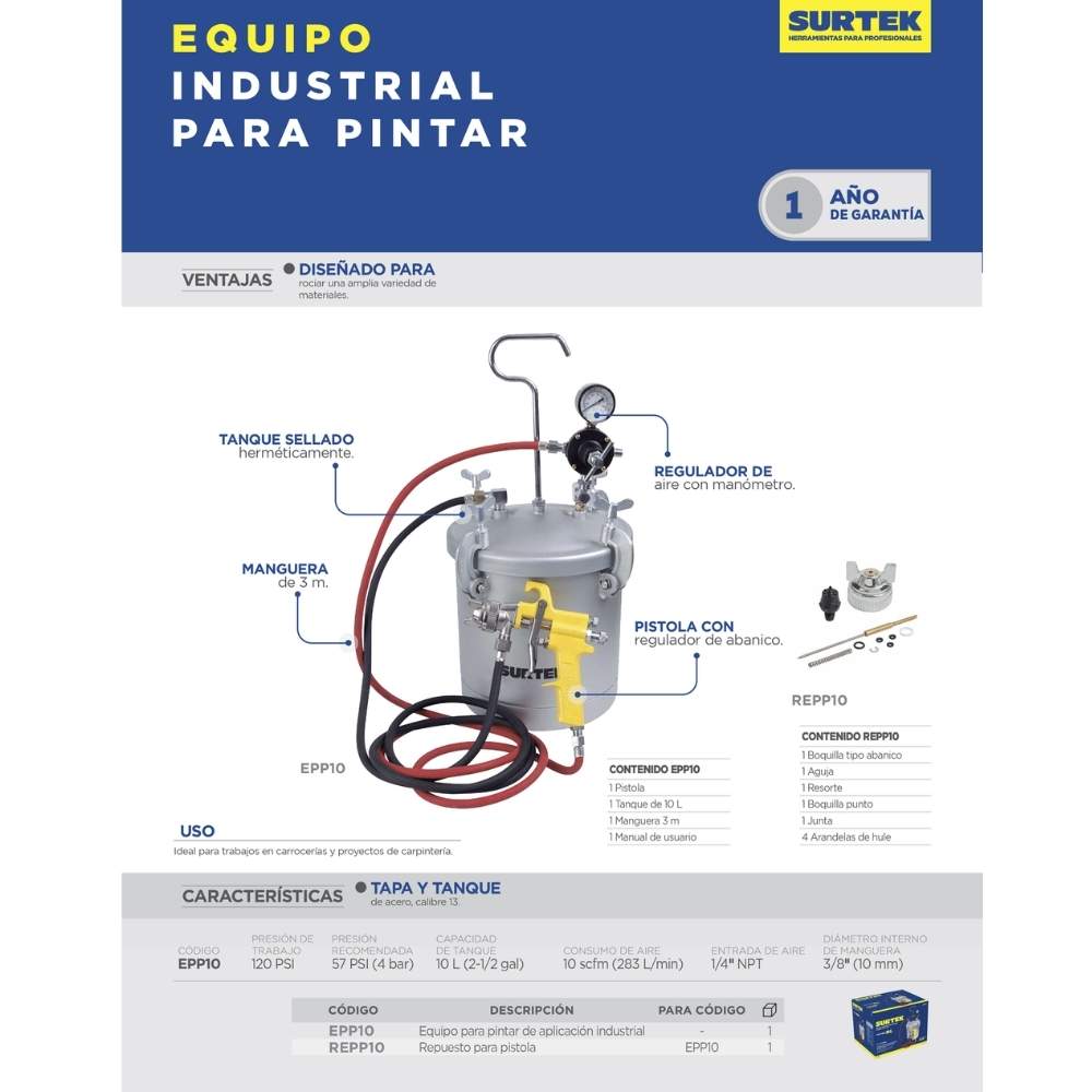 Equipo industrial para pintar, capacidad 10 Lt, 72 PSI Surtek - Imagen 2