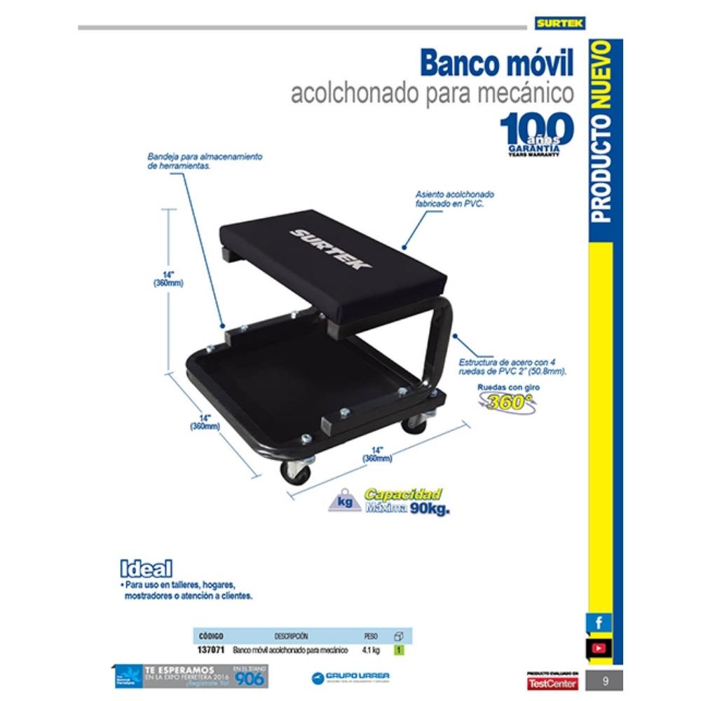 Banco para mecánico móvil acolchonado, 365 mm Surtek - Imagen 2