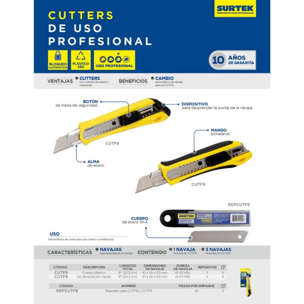 Cutter con cuerpo de plástico de 18 mm, cambio automático de navaja Surtek - Imagen 2