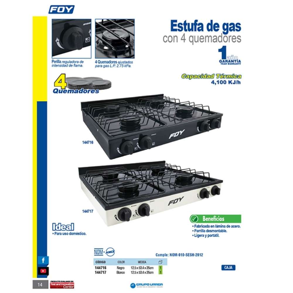 Estufa de gas 4 quemadores color negro Foy - Imagen 2