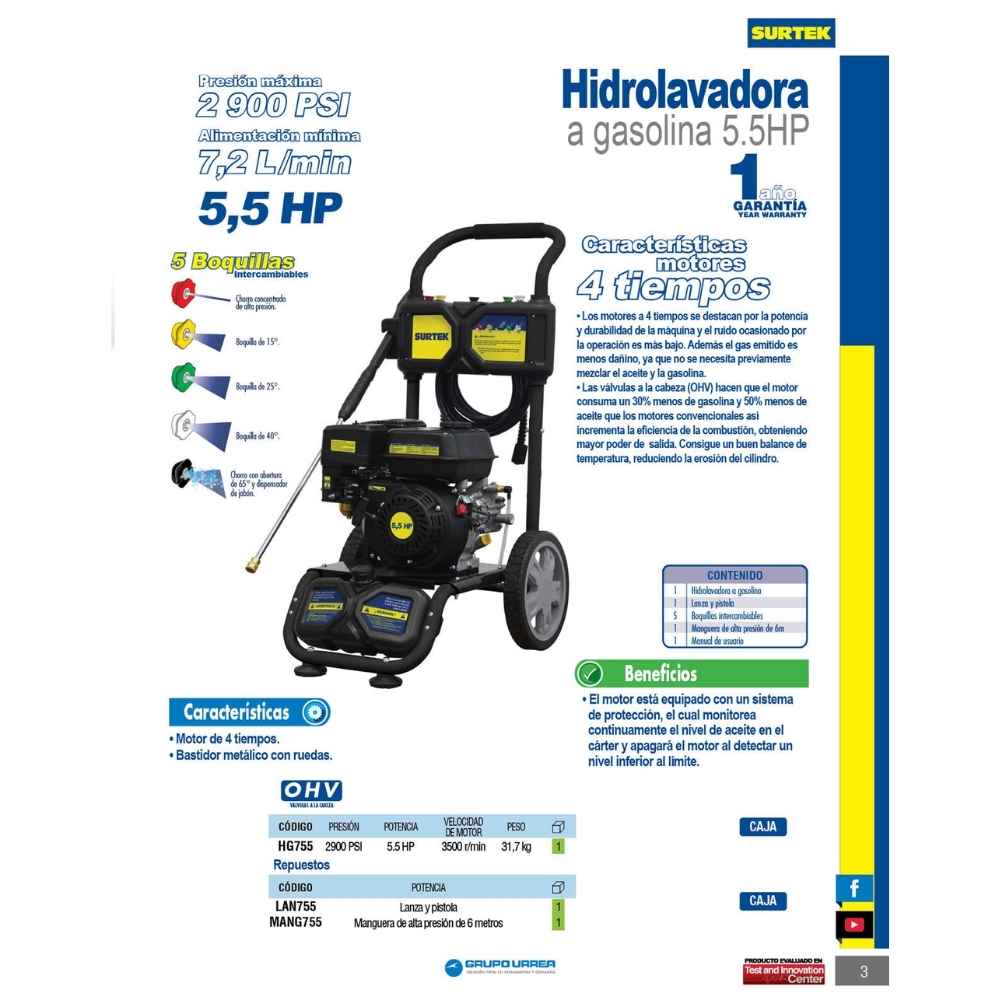 Hidrolavadora a gasolina 5.5 HP 2900 PSI, 7.2 Lt por minuto Surtek - Imagen 2