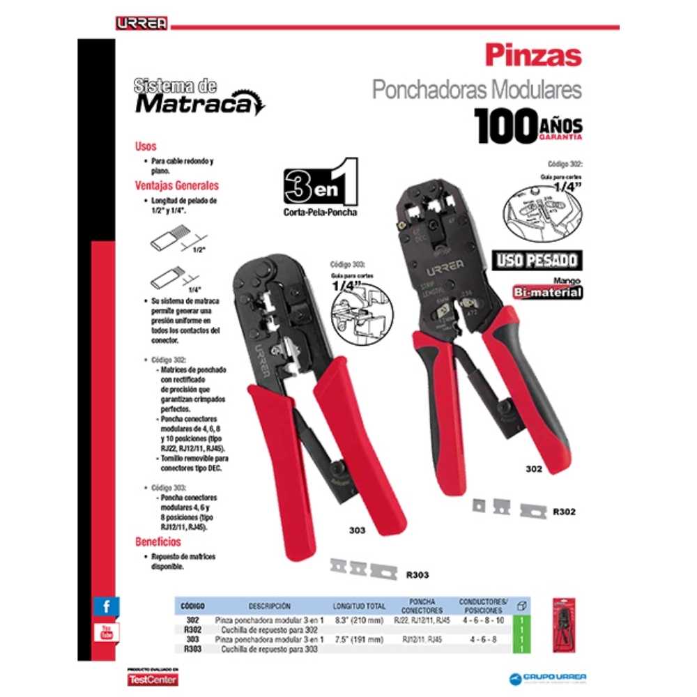 Pinza ponchadora modular 7.5" para conectores RJ12/11, RJ45 Urrea - Imagen 2